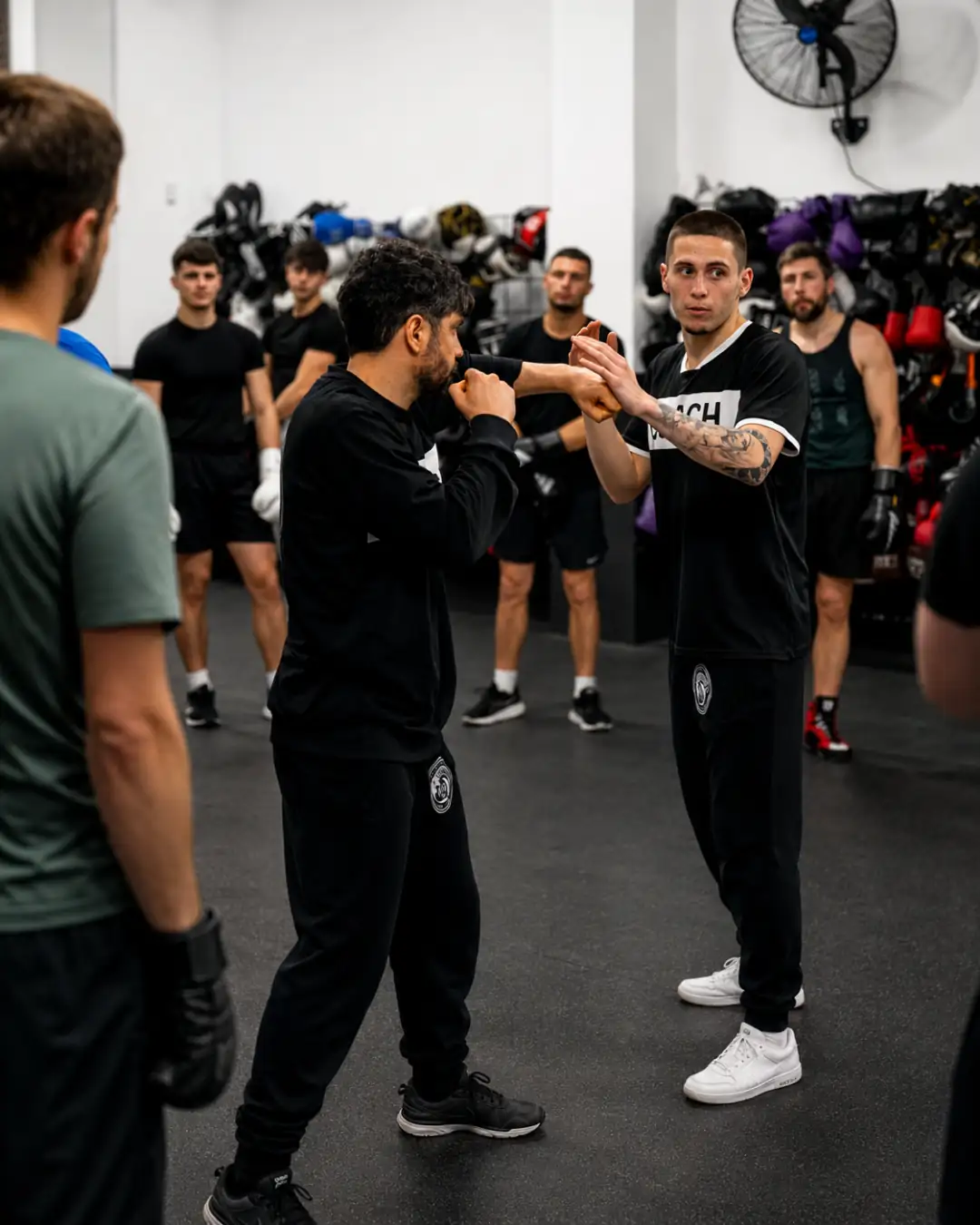 Entrenador corrigiendo técnica de boxeo a alumno en Ilion Boxing Club Barcelona